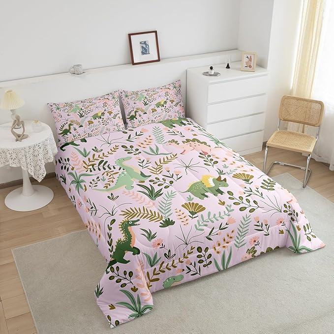 Cute Dino Kids Comforter Set Queen Size,Kawaii Pink Green Dinosaur Polyester Bedding Set for Women Adult,Cartoon Wildlife Floral Leaves Plant Luxury Reversible Bed Duvet Insert, 2 Pillowcases