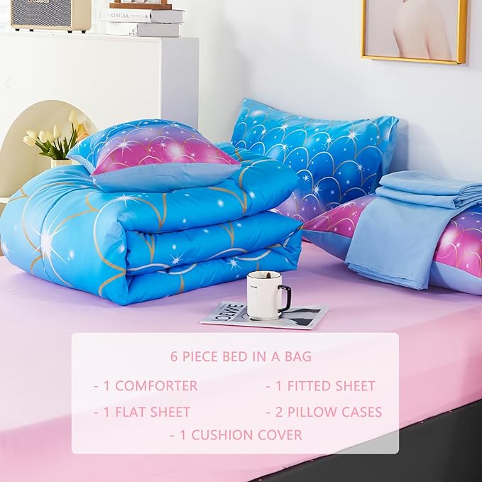 URBONUR Mermaid Comforter Set Full Size 6 Pieces Bed in a Bag Pink Blue Girls Bedding Colorful Bedroom Decor Soft All Season Kids Bed Sets