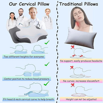 Ultra Pain Relief Cervical Neck Pillow for Side Sleepers, Ergonomic Cooling Memory Foam Pillows for Neck Pain Relief, Butterfly Pillow for Shoulder & Back, Removable & Washable Cover, Standard Size