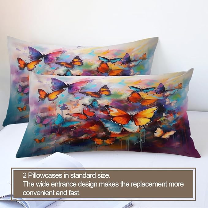 Colorful Butterfly Duvet Cover King Size, Oil Painting Butterfly Bedding Set 3 Piece Bedroom Decor Graffiti Art Comforter Cover and 2 Pillow Sham with Zipper Closure