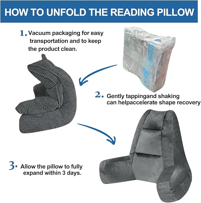 RRPAHWTV Reading Pillow for Bed with High Arm Rests,Back Support Pillow for Sitting Up in Bed with Shredded Memory Foam for Reading, TV, Gaming or Relaxing on Floor（Grey，Small）