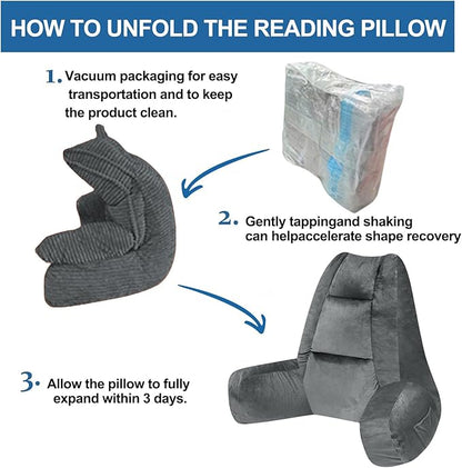 RRPAHWTV Reading Pillow for Bed with High Arm Rests,Back Support Pillow for Sitting Up in Bed with Shredded Memory Foam for Reading, TV, Gaming or Relaxing on Floor（Grey，Small）
