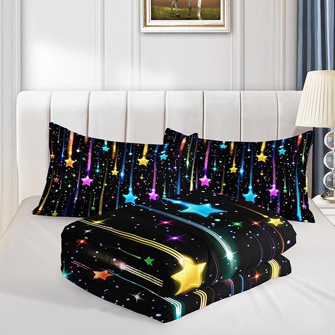 HOSIMA Glitter Star Queen Comforter Set for Kids,Different Colorful Glowing Stars Pattern Galaxy Bedding Set for Teenage Girl Room Decor,Lightweight Fluffy Princess Bedding with 2 Pillowcases.