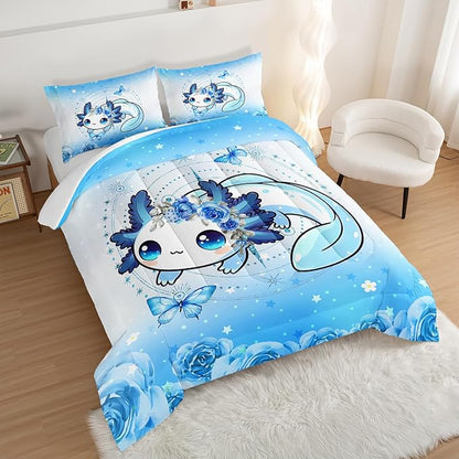 Cartoon Axolotl Comforter Twin Size,Cute Ocean Animal Bedding Set for Teens Girls Room Decor,Blue Comforter Set with 2 Pillowcases.