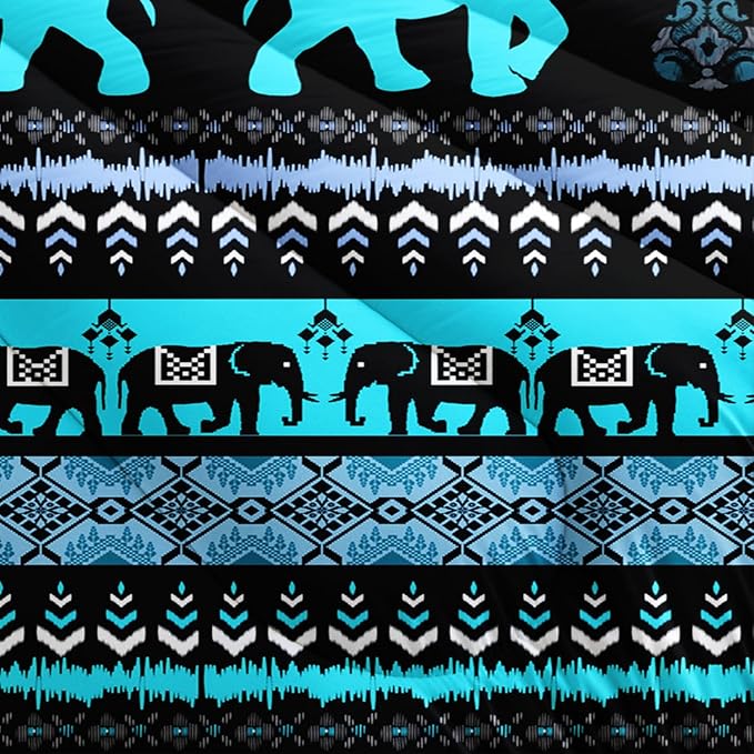 Western Comforter Set King Size Elephant Print Bedding for Kids,Blue Series Animal Themed Bedding Set for Boys Girls Room Decor,Boho Bedding Comforter Sets with 2 Pillowcases.