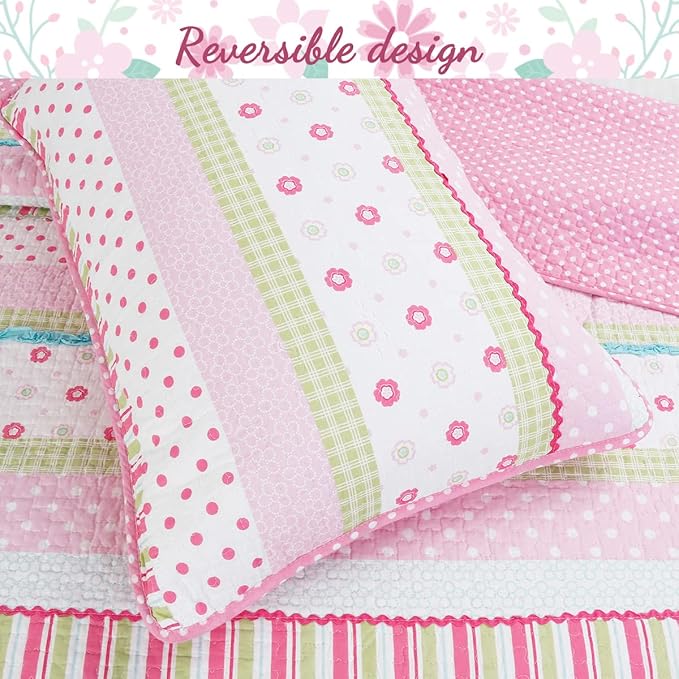 Cozy Line Home Fashions Pink Ruffle Flowers Polka Dot Girl 100% Cotton Reversible Quilt Bedding Set, Coverlet, Bedspread for All Seasons (Queen - 6 Piece)