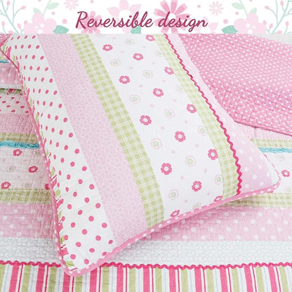 Cozy Line Home Fashions Soft Bright Greta Pastel Design Girl 100% Cotton Reversible Quilt Bedding Set, Coverlet, Bedspread (Queen - 3 Piece)