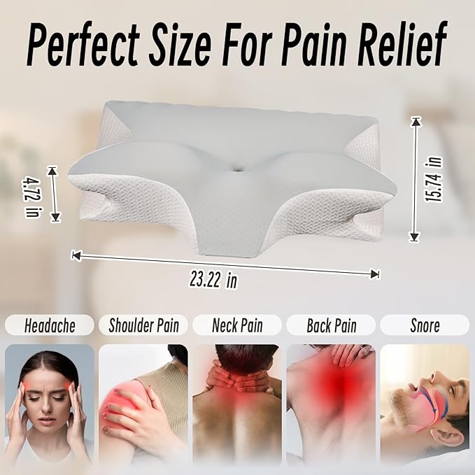 Cervical Pillow for Neck Pain Relief, Ergonomic Contour Orthopedic Pillow for Sleeping Shoulder Pain & Support, Cozy Memory Foam Neck Pillow with Pillowcase for Side Back Stomach Sleeper(Light Grey)