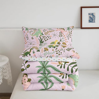 Castle Fairy Kawaii Dino Kids Comforter Set King Size,Cute Pink Green Dinosaur Reversible Print Bedding Set All Season Quilt Set,Cartoon Wildlife Floral Leaves Plant Polyester Down Comforter