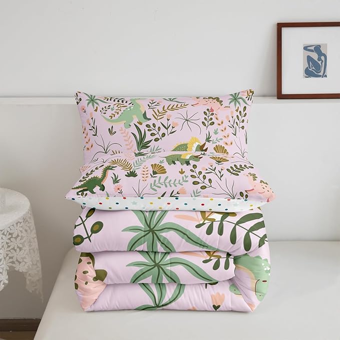 Cute Dino Kids Comforter Set Queen Size,Kawaii Pink Green Dinosaur Polyester Bedding Set for Women Adult,Cartoon Wildlife Floral Leaves Plant Luxury Reversible Bed Duvet Insert, 2 Pillowcases