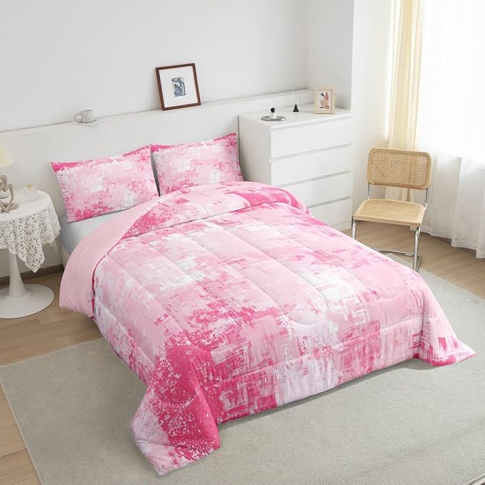 Feelyou Light Pink Abstract Duvet Quilt Geometric Bedding Set for Kids Boys Girls Teens Room Decor Modern Art Comforter Set Full Size Buffalo Check 3Pcs Breathable Soft Lightweight Microfiber