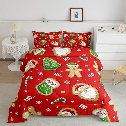 Erosebridal Santa Claus Comforter Set Full,Cute Gingerbread Man Bedding for Kids Child Teens,Cartoon Christmas Tree Snowflake Comforter Sets,Red Green Xmas Duvet Insert with 2 Pillowcases