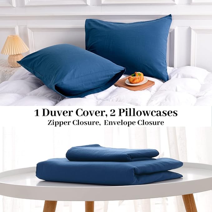 NEXHOME PRO Duvet Cover Set 100% Washed Cotton Oversized Queen 98"x98", Organic Natural Linen Look Textured 3 Pieces Bedding Set Royal Navy Klein Blue with Zipper Closure, Soft (No Comforter)