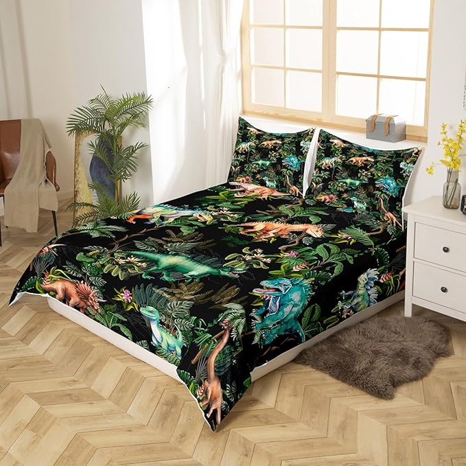 Watercolor Dinosaur Bedding Set King Size,Cartoon Dino Animal Oil Painting Style Comforter Cover with 2 Pillowcases,Green Leaves Tropical Natural Plants Duvet Cover Set Microfiber Quilt Cover