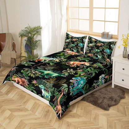 Watercolor Dinosaur Duvet Cover Queen Size,Cartoon Dino Animal Oil Painting Style Duvet Cover Set for Children,Green Leaves Tropical Natural Plants Soft Comforter Cover for Dorm Room, Zipper, Ties