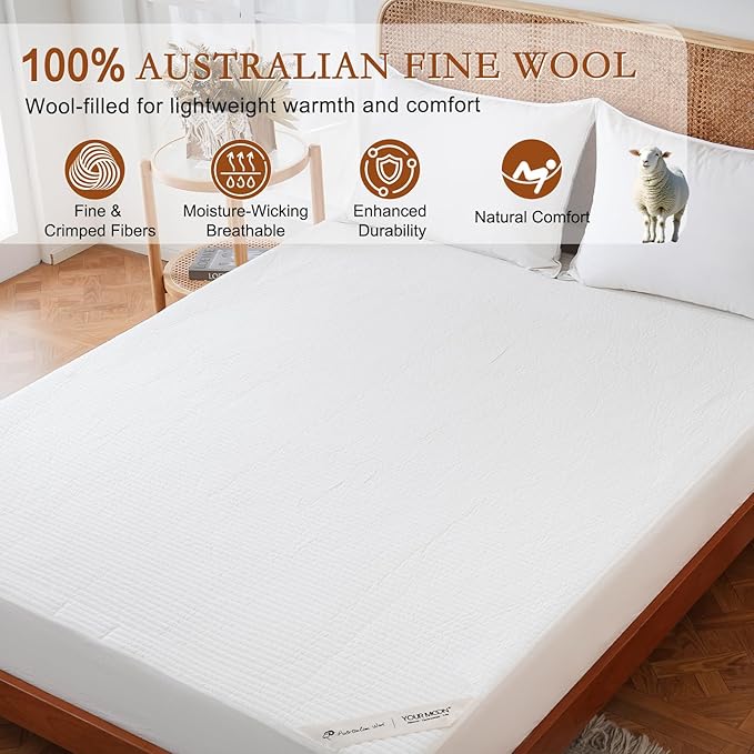 YOUR MOON Natural Wool Mattress Pad Twin – 200GSM Organic Australian Wool Mattress Topper, Quilted Fitted Mattress Bed Cover with 16" Deep Pocket, Hypoallergenic Cotton Cover (White)