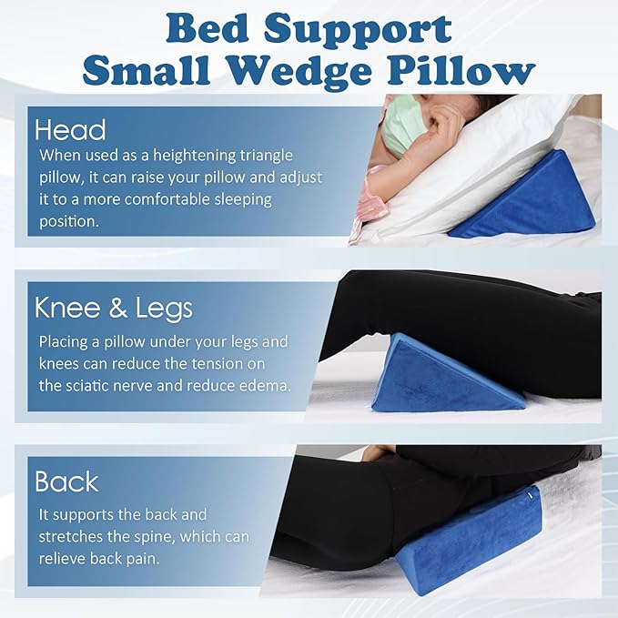 Small Wedge Pillow, Wedge Pillow for Bed Sores, Positioning Pillow, Positioning Wedge, Mini Pillow for Laptop and Yoga, Small Foam Wedge for Chair (1 Unit, Blue)