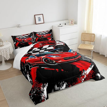 Feelyou Car Bedding Set for Boys Queen Size Racing Sports Car Comforter Kids Extreme Sports Theme Comforter Set Girls Children Bedroom Teens Cool Speed Automobile Decor Bed Duvet Set Soft Lightweight