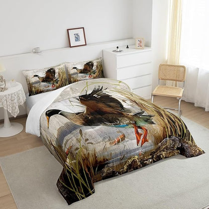 Feelyou Mallard Duck Bedding Set Boys Girls Wild Duck Hunting Comforter Set for Kids Women Men Soft Lodge Cabin Farmhouse Comforter Quilt Room Decor Full Size Duvet Set Boys