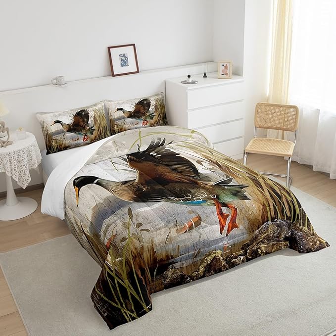 Feelyou Mallard Duck Bedding Set Boys Girls Wild Duck Hunting Comforter Set for Kids Women Men Soft Lodge Cabin Farmhouse Comforter Quilt Room Decor Queen Size Duvet Set Boys