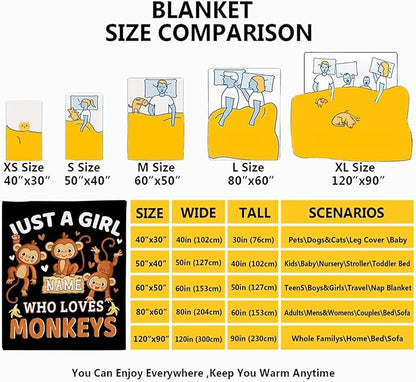 Personalized Throw Blanket for Girls Just A Girl Who Loves Monkeys Custom Blanket Monkeys Gifts for Women Soft Comfortable for Bedding Sofa Camping Chairs 90x120inches