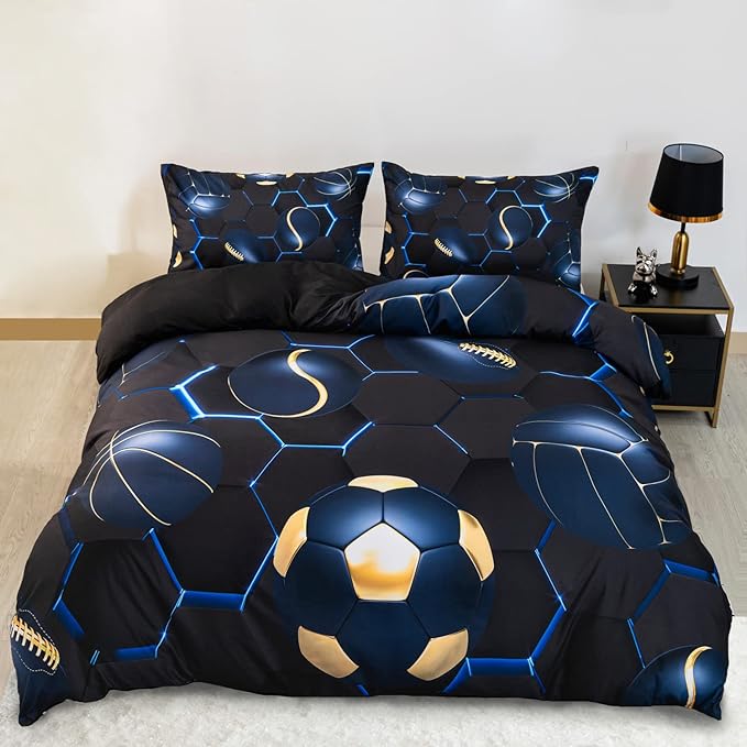 CVHOUSE Football Comforter Set Cover Full Size,Honeycomb Basketball Bedding Set for Boys Teens,Geometric Lightweight Baseball Duvet Cover Set Soft,3 Pieces,Boys Sport Theme Room Decor,Full 79'x89'