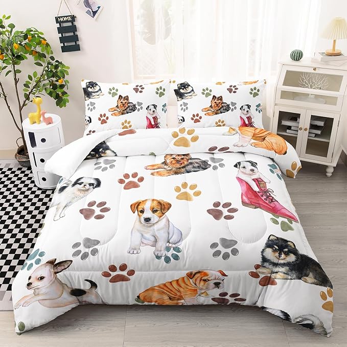 Kawaii Cartoon All Kinds of Dogs Animal Themed Comforter 3Pcs Full Colorful Paw Printed Bedding Set for Kids Teens Girls Boys Bed Decor Cute Puppy Quilt with 1 Comforter and 2 Pillowcases