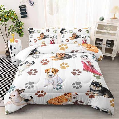 Kawaii Cartoon All Kinds of Dogs Animal Themed Comforter 3Pcs Full Colorful Paw Printed Bedding Set for Kids Teens Girls Boys Bed Decor Cute Puppy Quilt with 1 Comforter and 2 Pillowcases