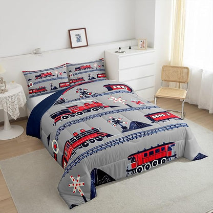 Red Train Toddler Bedding Set Toddler Size for Girls Kids Boys Cartoon Car Comforter, Vintage Style Steam Engine Bedding Comforter Sets Traffic Transportation Track Duvet Set with 1 Pillowcase