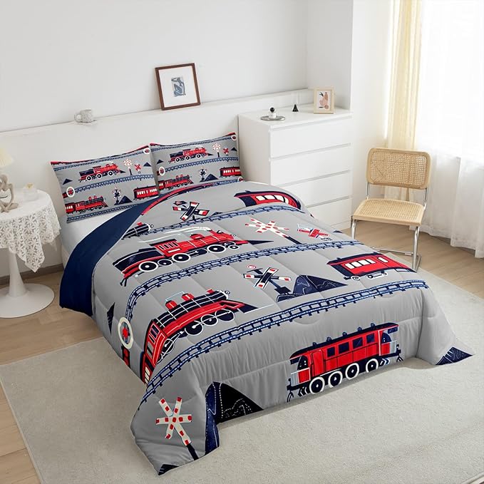 Red Train Toddler Bedding Set Twin Size for Girls Kids Boys Cartoon Car Comforter, Vintage Style Steam Engine Bedding Comforter Sets Traffic Transportation Track Duvet Set with 1 Pillowcase