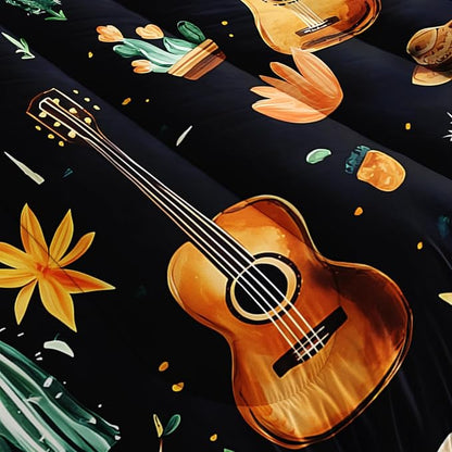 Western Cowboy Hats Musical Guitar Comforter 3Pcs Twin Wild Cactus Flowers Bedding Set for Kid Teen Girl Boy Adult Nature Botanical Floral Quilt Bed Decor with 1 Comforter and 2 Pillowcases