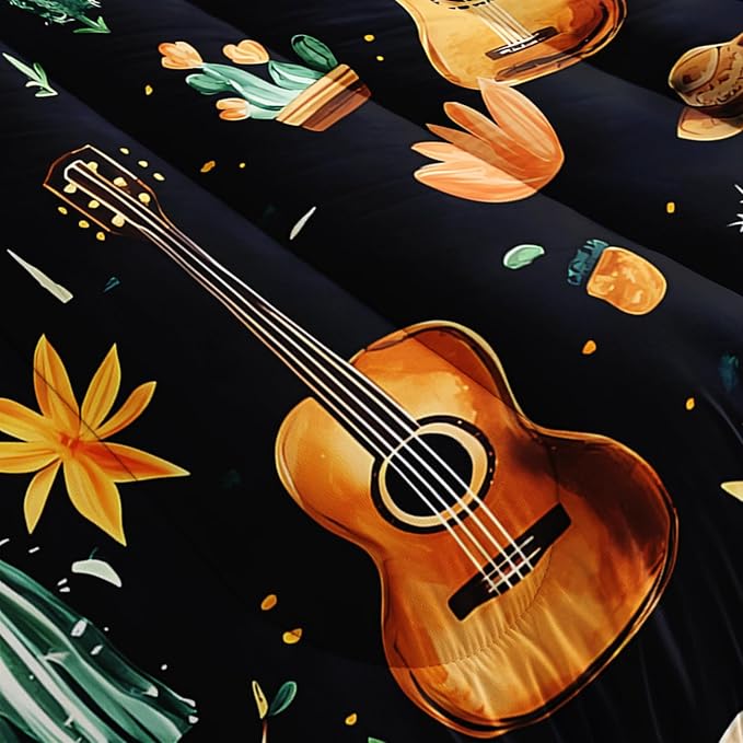 Western Cowboy Hats Musical Guitar Comforter 3Pcs Queen Wild Cactus Flowers Bedding Set for Kid Teen Girl Boy Adult Nature Botanical Floral Quilt Bed Decor with 1 Comforter and 2 Pillowcases