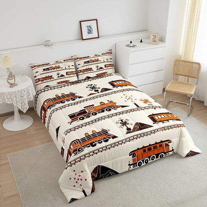 Erosebridal Retro Vintage Train Comforter Set, Cute Steam Engine Bedding Retro Steam Locomotive Train Bedding Set Cartoon Vehicle Duvet Set for Bedroom Decor, Full with 2 Pillowcases