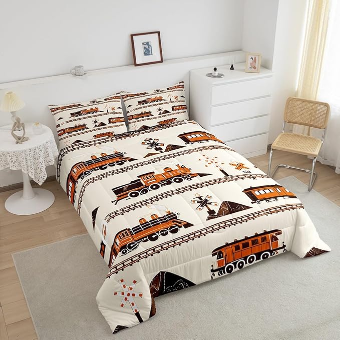 Erosebridal Retro Vintage Train Comforter Set, Cute Steam Engine Bedding Retro Steam Locomotive Train Bedding Set Cartoon Vehicle Duvet Set for Bedroom Decor, King with 2 Pillowcases