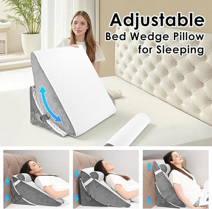 Bed Wedge Pillow for Sleeping, 3PCS Wedge Pillow Set for After Surgery, Adjustable 7 &12 inch Pillow Wedges for Acid Reflux Relief, Back Pain Relief, Sleep Apnea, Sitting Up, Headboard (White/Grey)