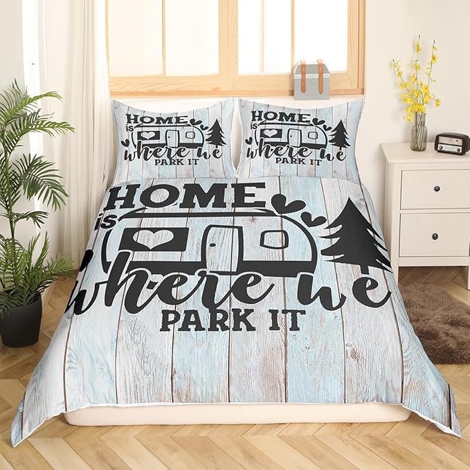 Farmhouse Rustic Camping Comforter Cover,Funny Home Where We Park It Duvet Cover for Girls Teens Decorative Bedroom,Explore Camper Gifts RV Life Polyester Quilt Cover with 2 Pillowcases, Full Size