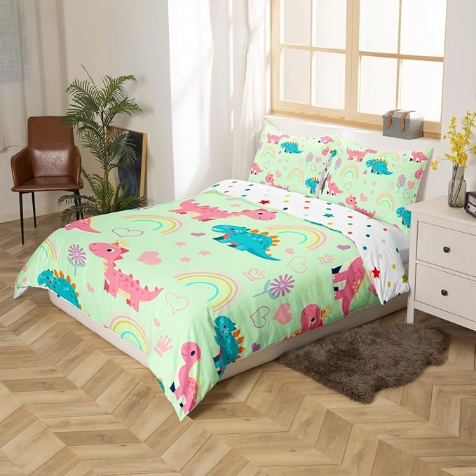 Kawaii Dino Duvet Cover Set Queen Size,Cute Rainbow Floral Love Heart Reversible Quilt Cover Set (NO Comforter),Pink Green Dinosaur Lovely Animal Soft Comforter Cover for Dorm Room, Zipper