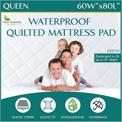 Queen Size Quilted Mattress Pad - Fitted Waterproof Mattress Protector, Pillow Top Mattress Topper, Premium Quality Hypoallergenic Mattress Cover