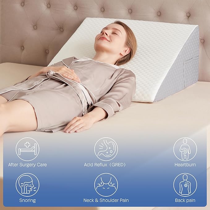 Wedge Pillow, 12 inch Wedge Pillow for Acid Reflux, Back Pain Relief, Snoring, Bed Wedge Pillows for Headboard, Bed wedge pillows for sleeping after surgery. Cooling Memory Foam & Breathable Cover
