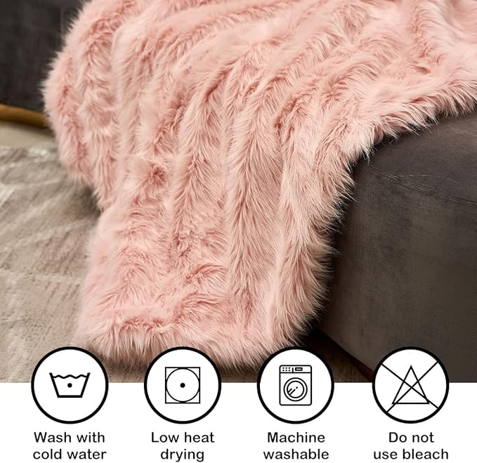 Pink Faux Fur Throw Blanket, Luxury Modern Blush Home Throw Blanket, Super Warm, Fuzzy, Elegant, Fluffy Thick Heavy Decoration Blanket Scarf for Sofa, Couch and Bed, 50''x 60''