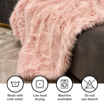 Pink Faux Fur Throw Blanket, Luxury Modern Blush Home Throw Blanket, Super Warm, Fuzzy, Elegant, Fluffy Thick Heavy Decoration Blanket Scarf for Sofa, Couch and Bed, 50''x 60''