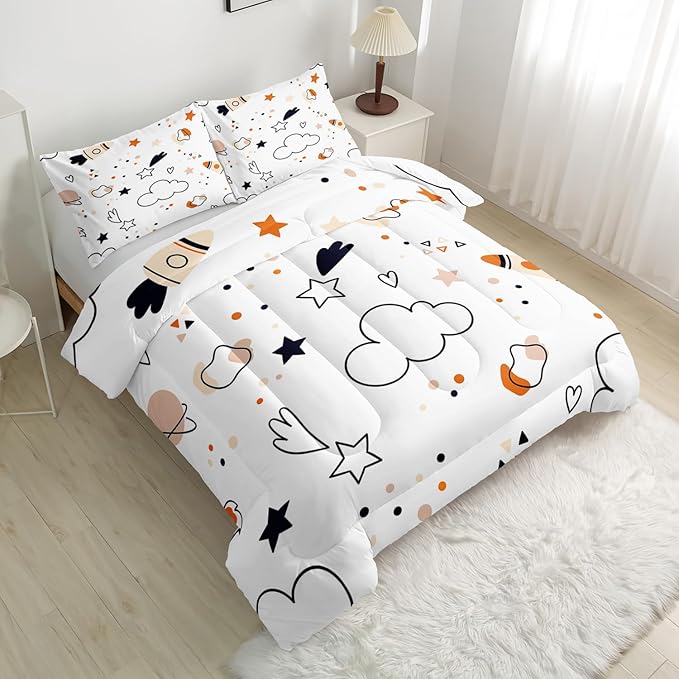Space Comforter Set Twin Size for Kids Teens and Adults Cartoon Rockets and Clouds Printed Quilt Set for Bedroom 100% Soft Microfiber All Season Print Quilt Set with 1 Comforter and 2 PillowCases