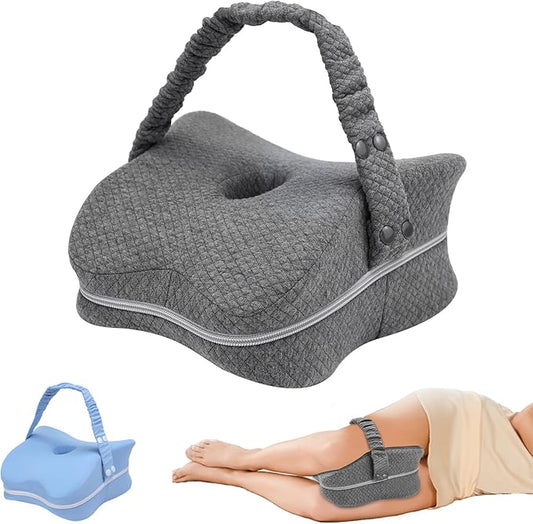Knee Pillow for Side Sleepers & Sciatica Pain Relief, Memory Foam Leg Pillow for Side Sleeping with Detachable and Adjustable Strap, Two Covers, Blue& Grey, Gifts for Men and Women, One Pillow Only