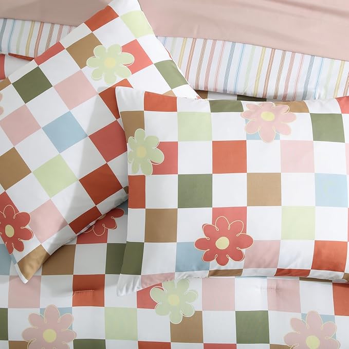 Queen Comforter Set for Girls, Colorful Checkered Bedding Set with Cute Floral, All Season Plaid Kids Bed in a Bag 7 Pieces with Sheets, Pillowcases & Shams