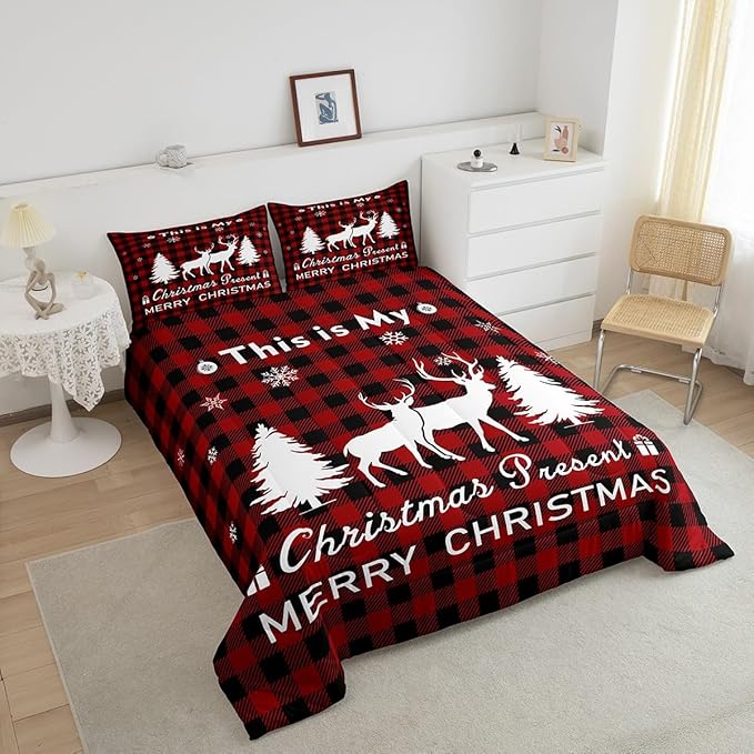 Christmas Comforter Set,Reindeer Moose Deer Bedding Set for Kids Boys Girls,Black Red Merry Christmas Grid Checkered Duvet Insert King,Happy New Year Xmas Down Comforter with 2 Pillow Shams