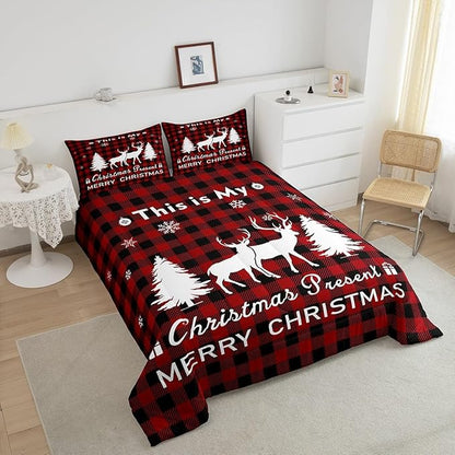 Christmas Comforter Set,Reindeer Moose Deer Bedding Set for Kids Boys Girls,Black Red Merry Christmas Grid Checkered Duvet Insert King,Happy New Year Xmas Down Comforter with 2 Pillow Shams