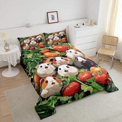 Guinea Pig Bedding Set Toddler Size Fresh Vegetables Comforter Set for Girls Boys Room Decor Kawaii Cartoon Animal Down Comforter Cute Guinea Pigs Quilt Set with 1 Pillowcase