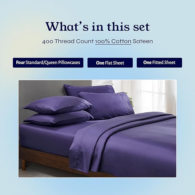 California Design Den 6-Pc Queen Size Sheet Set with 4 Pillowcases - 400 Thread Count 100% Cotton Sheets, Sateen Weave, Deep Pocket Bedsheets Set - Dark Purple