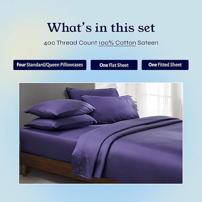 California Design Den 6-Pc Queen Size Sheet Set with 4 Pillowcases - 400 Thread Count 100% Cotton Sheets, Sateen Weave, Deep Pocket Bedsheets Set - Dark Purple