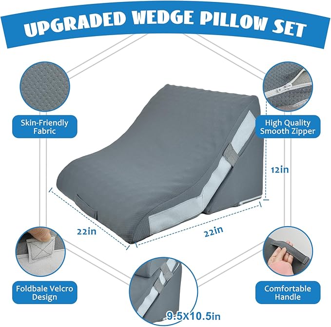 Wedge Pillow, 9&12" Adjustable Bed Wedge Pillow for Sleeping, Ergonomically Triangle Pillow for Back Pain Relief, Memory Foam Pillow Wedge for Post Surgery, Acid Reflux and Snoring,Grey